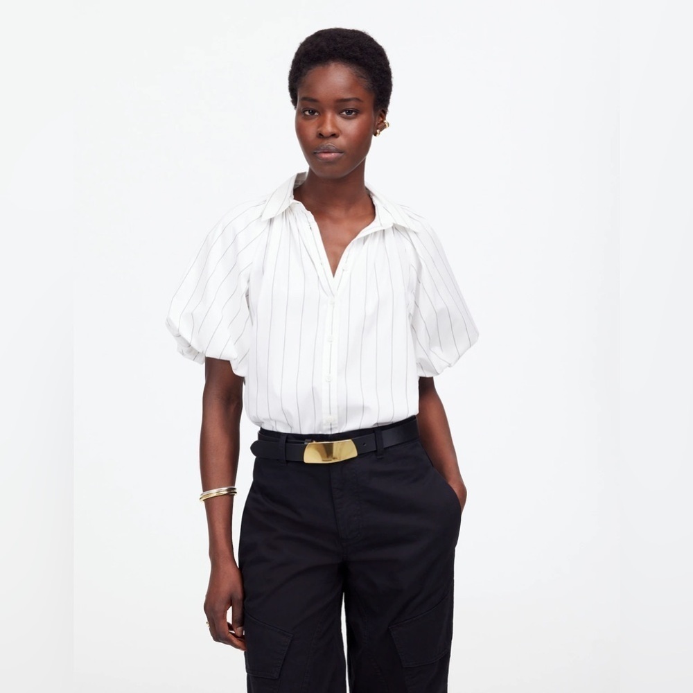 NWT Madewell Shirred Bubble-Sleeve Button-Up Shirt, White w/ Black Stripes, XXS